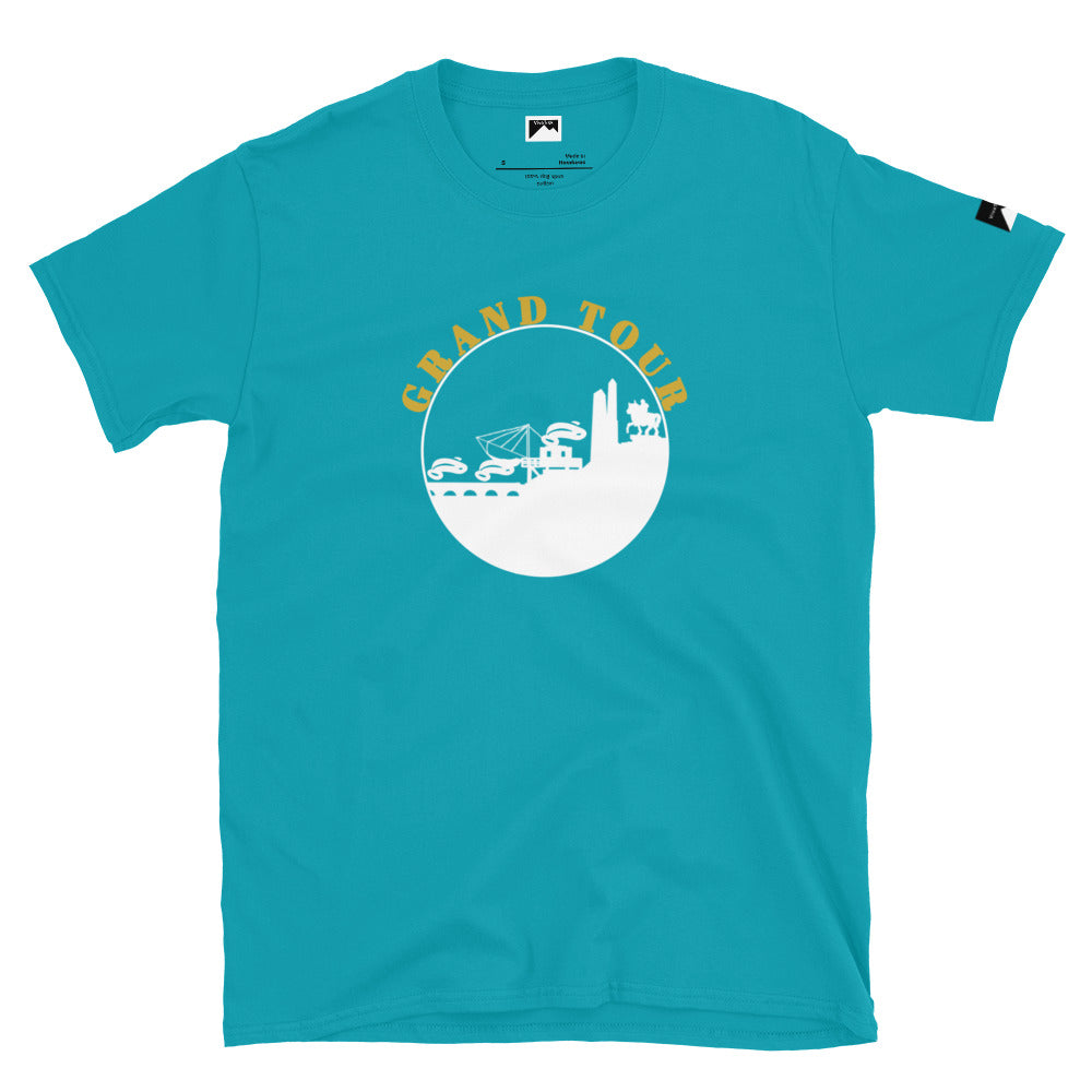 VivaTrek turquoise Cyclists Grand Tour Graphic T-Shirt with white and yellow cycling design
