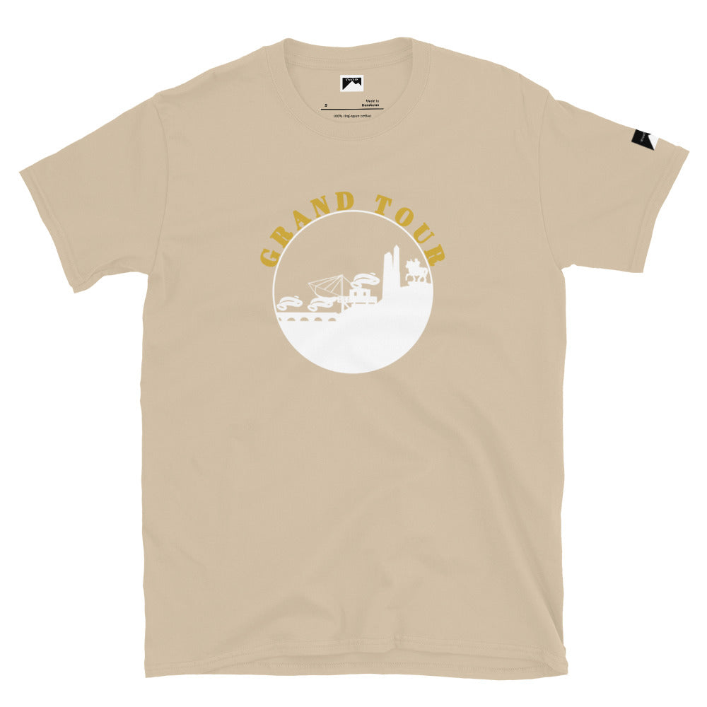 VivaTrek Cyclists Grand Tour Graphic T-Shirt in beige with mountain and cityscape design