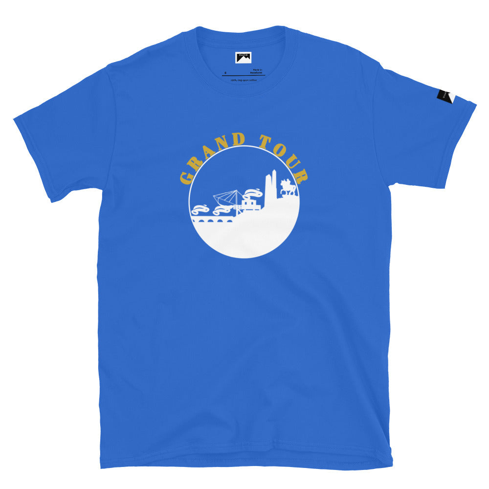 VivaTrek blue Cyclists Grand Tour Graphic T-Shirt with yellow text and white cycling and cityscape design