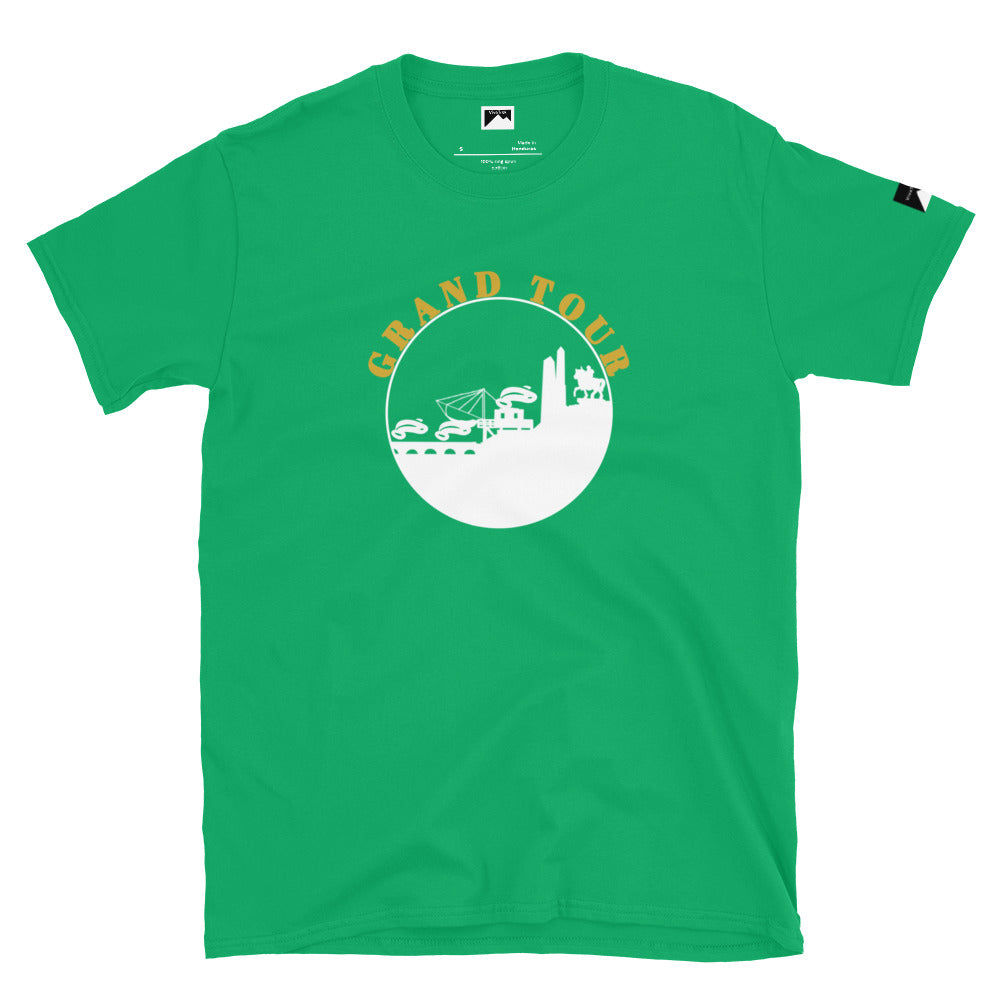 Green VivaTrek Cyclists Grand Tour Graphic T-Shirt with white and yellow circular cycling design