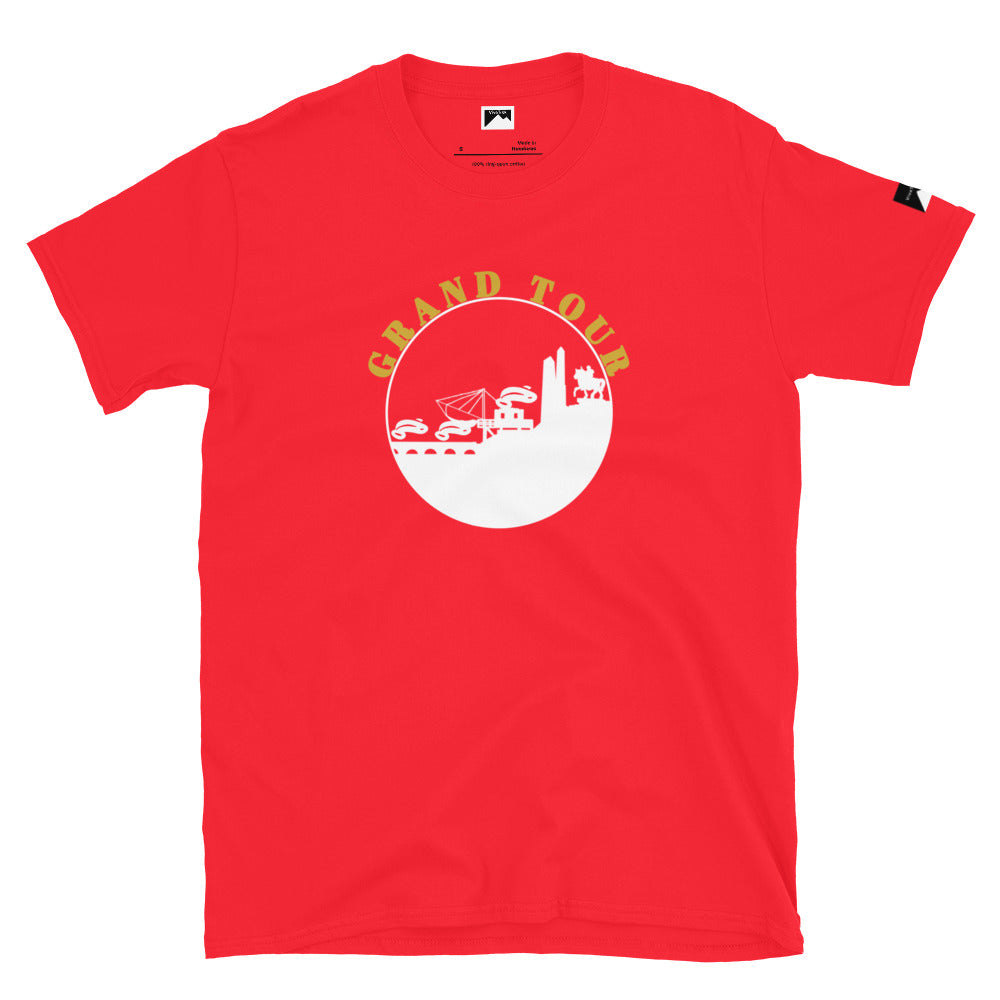 Red VivaTrek Cyclists Grand Tour Graphic T-Shirt with yellow and white cycling route design