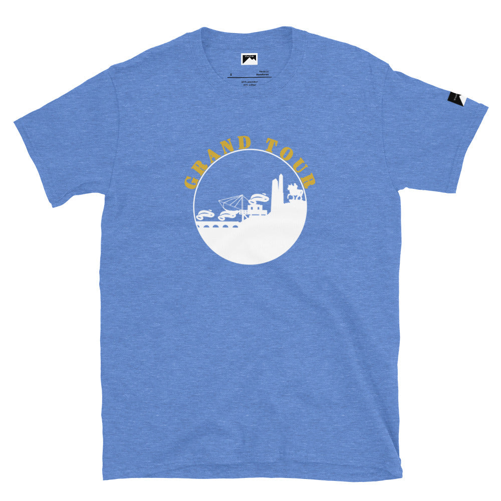 VivaTrek blue Cyclists Grand Tour Graphic T-Shirt with yellow and white cycling tour design