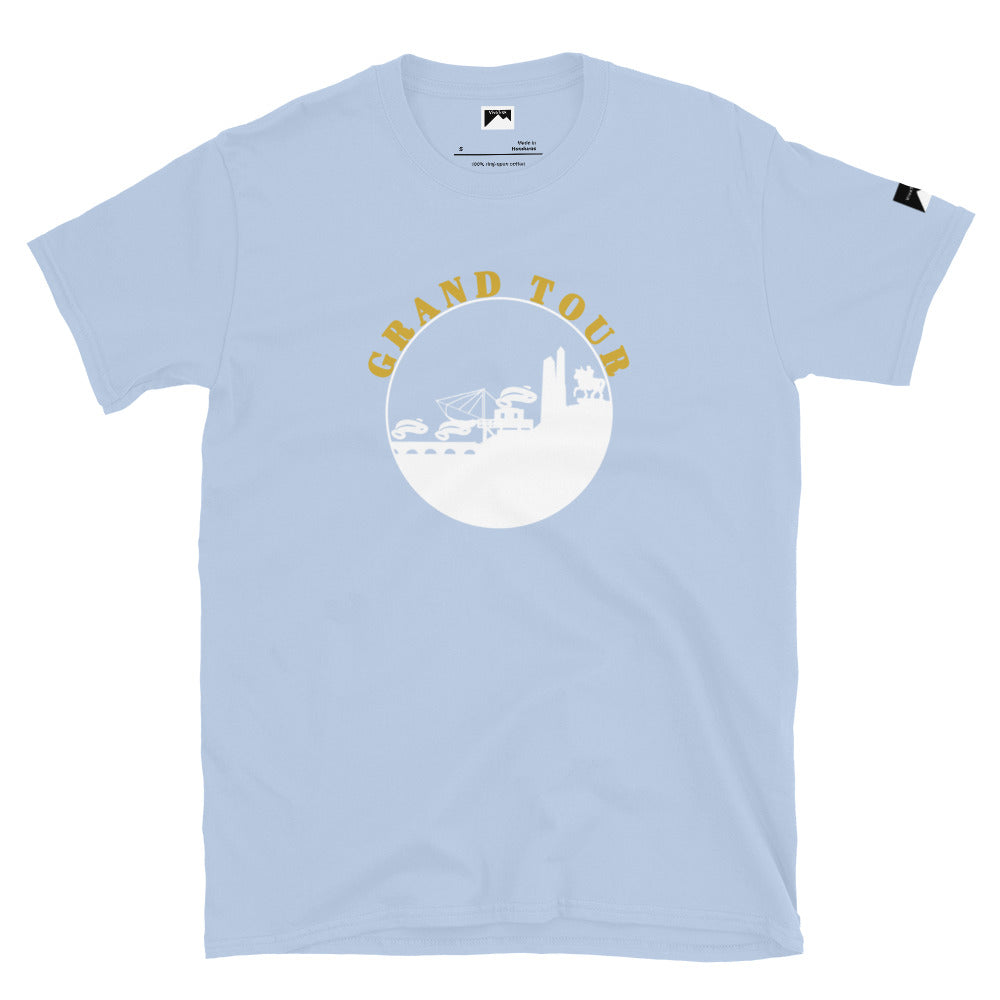 VivaTrek light blue Cyclists Grand Tour Graphic T-Shirt with yellow and white racing design