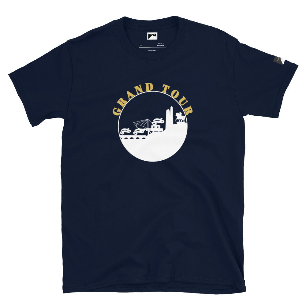 VivaTrek Cyclists Grand Tour Graphic T-Shirt in navy blue with a cycling and cityscape design