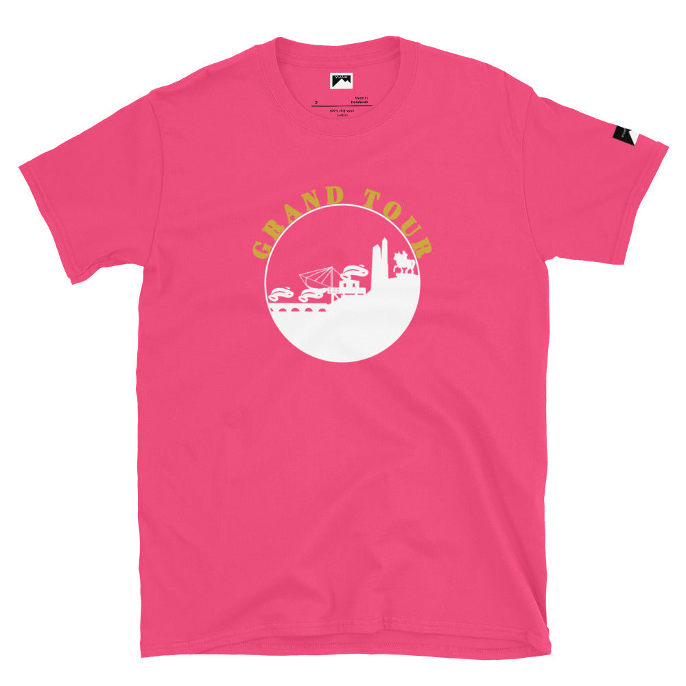 VivaTrek pink Cyclists Grand Tour Graphic T-Shirt with yellow and white race-themed design