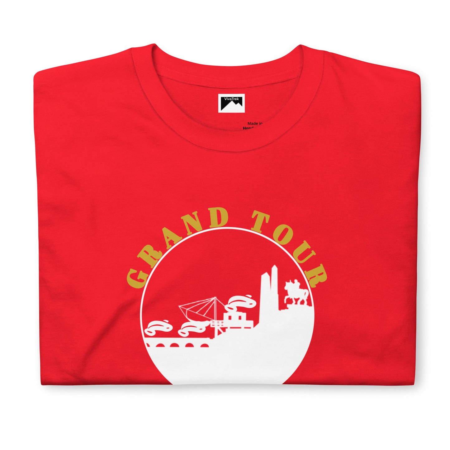 Red Cyclists Grand Tour Graphic T-Shirt by VivaTrek featuring white and gold grand tour design