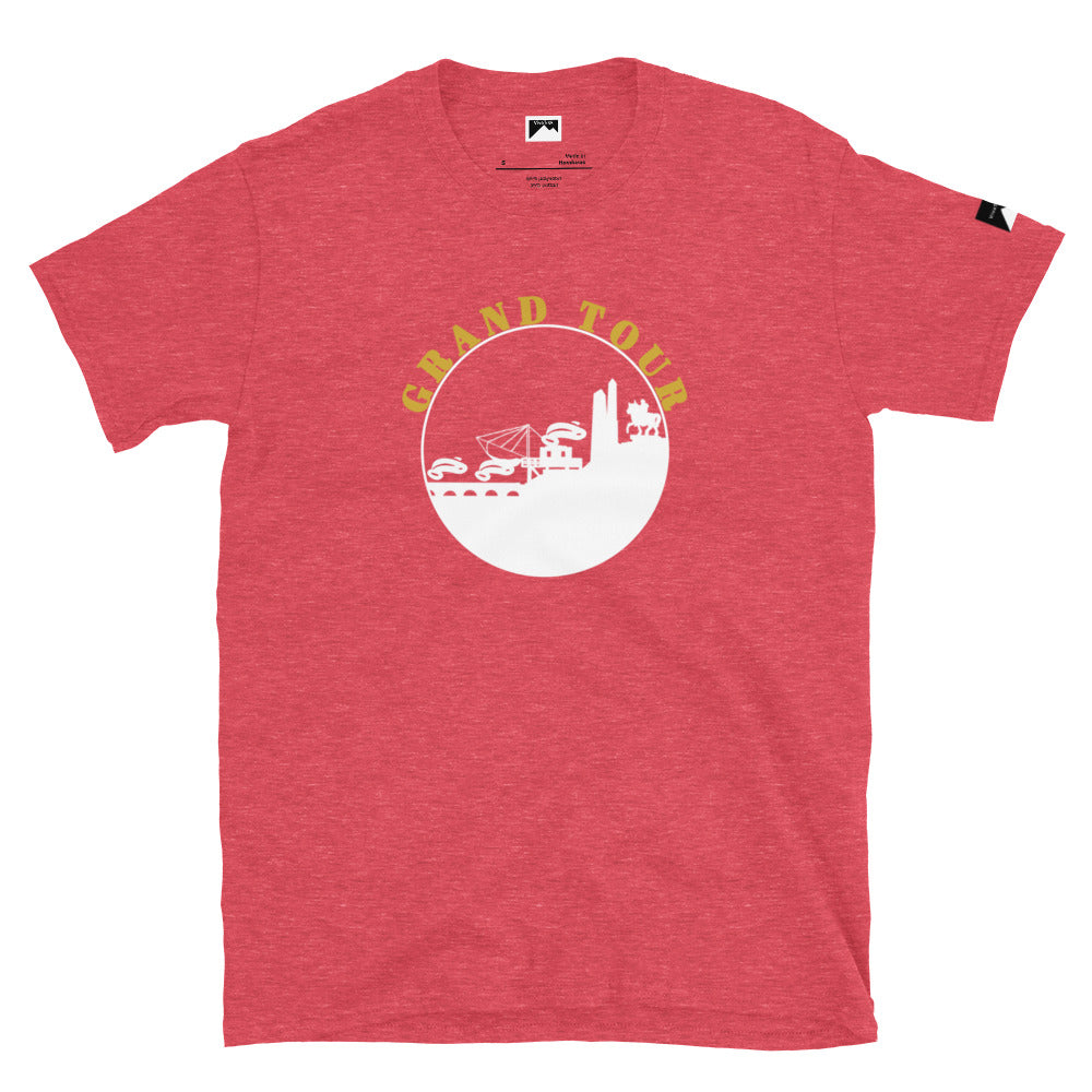 Red VivaTrek Cyclists Grand Tour Graphic T-Shirt with white and yellow scenic design on front