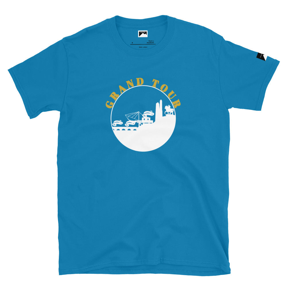 VivaTrek blue Cyclists Grand Tour Graphic T-Shirt with white and yellow cycling design