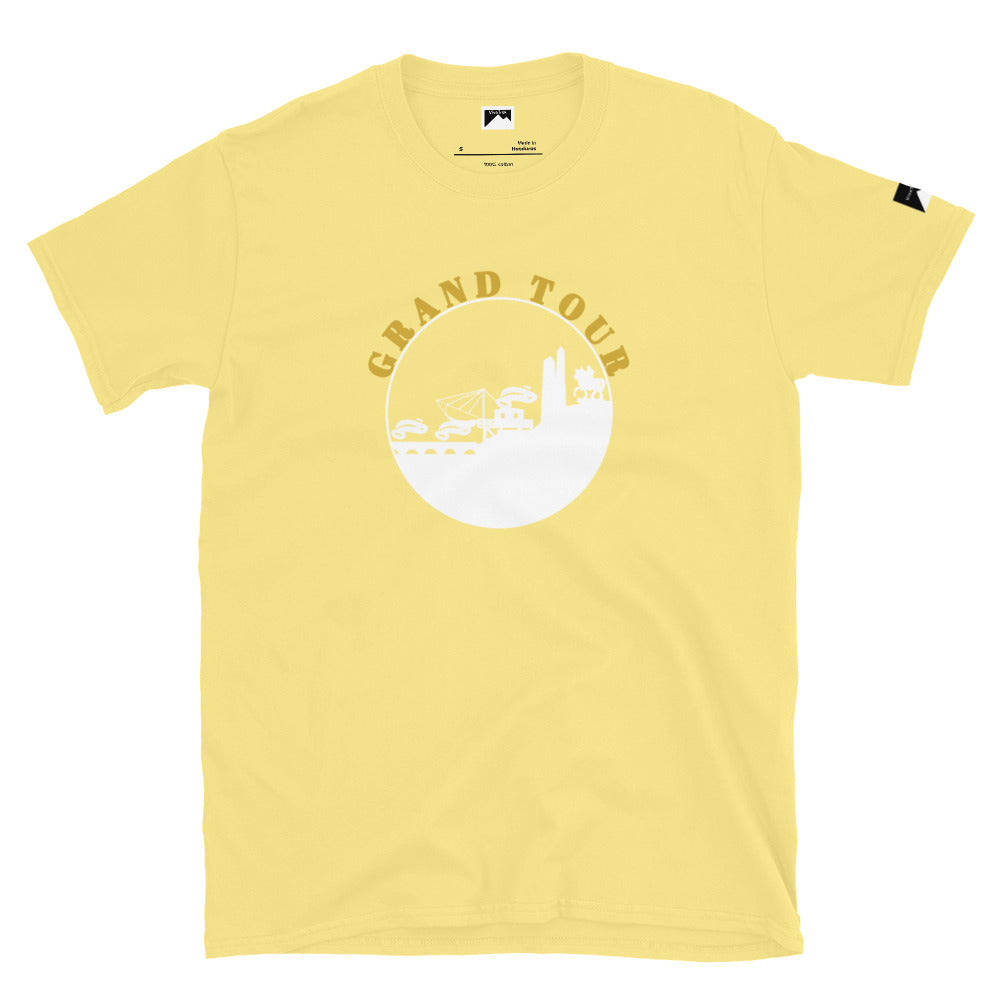 VivaTrek yellow Cyclists Grand Tour Graphic T-Shirt with vintage cycling scene print