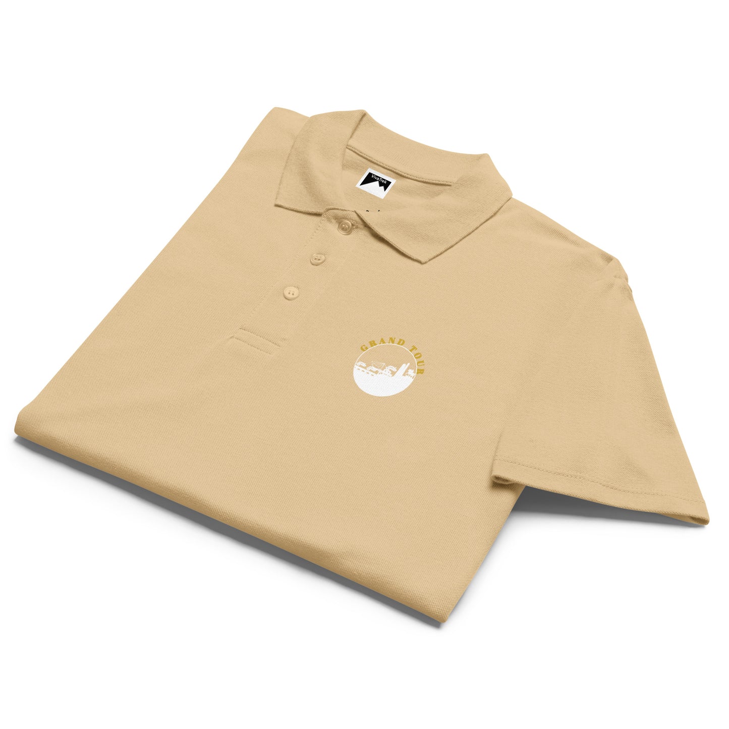 VivaTrek beige Cyclists Grand Tour Polo Shirt with small logo on chest and button collar
