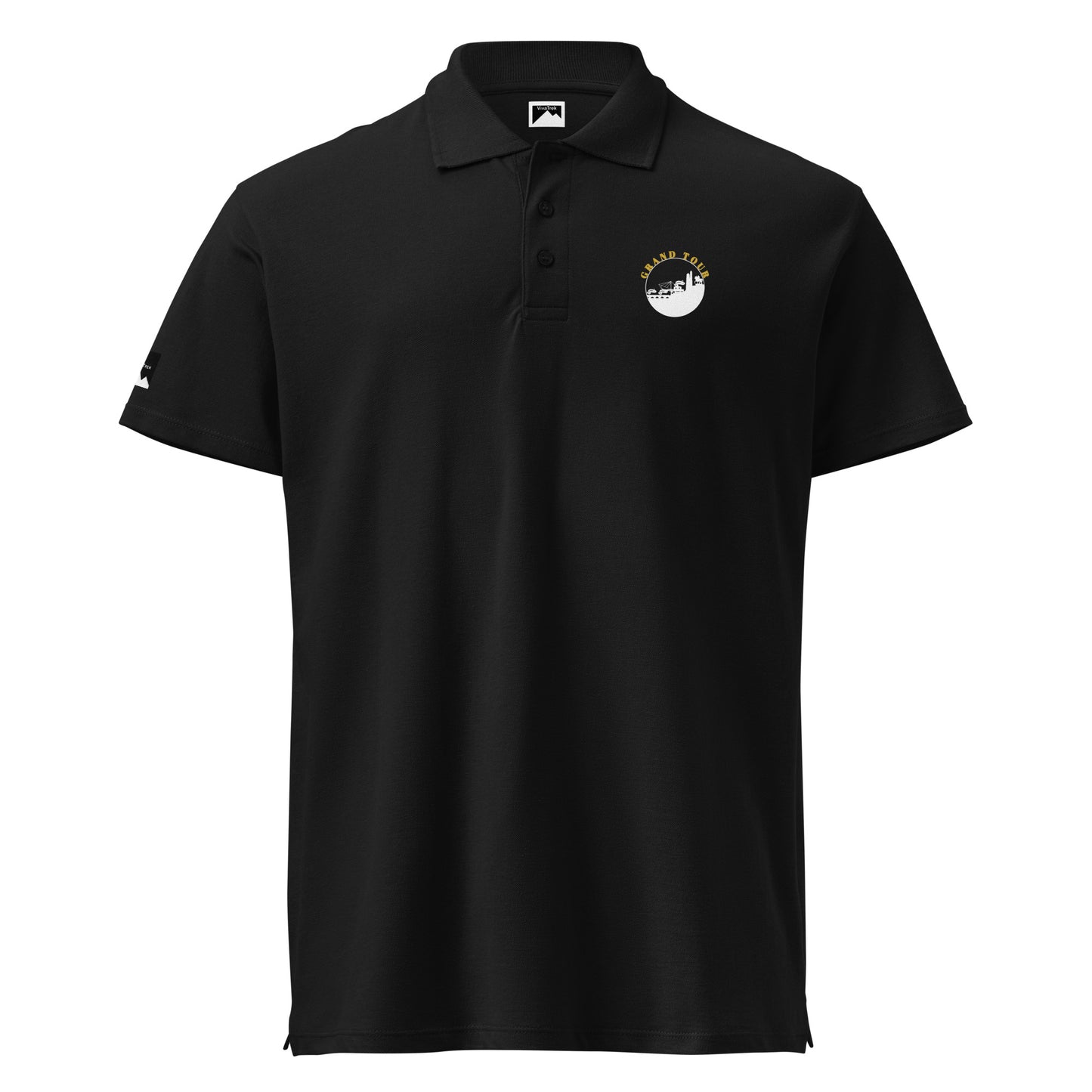 VivaTrek black Cyclists Grand Tour Polo Shirt with small logo on chest and classic collar