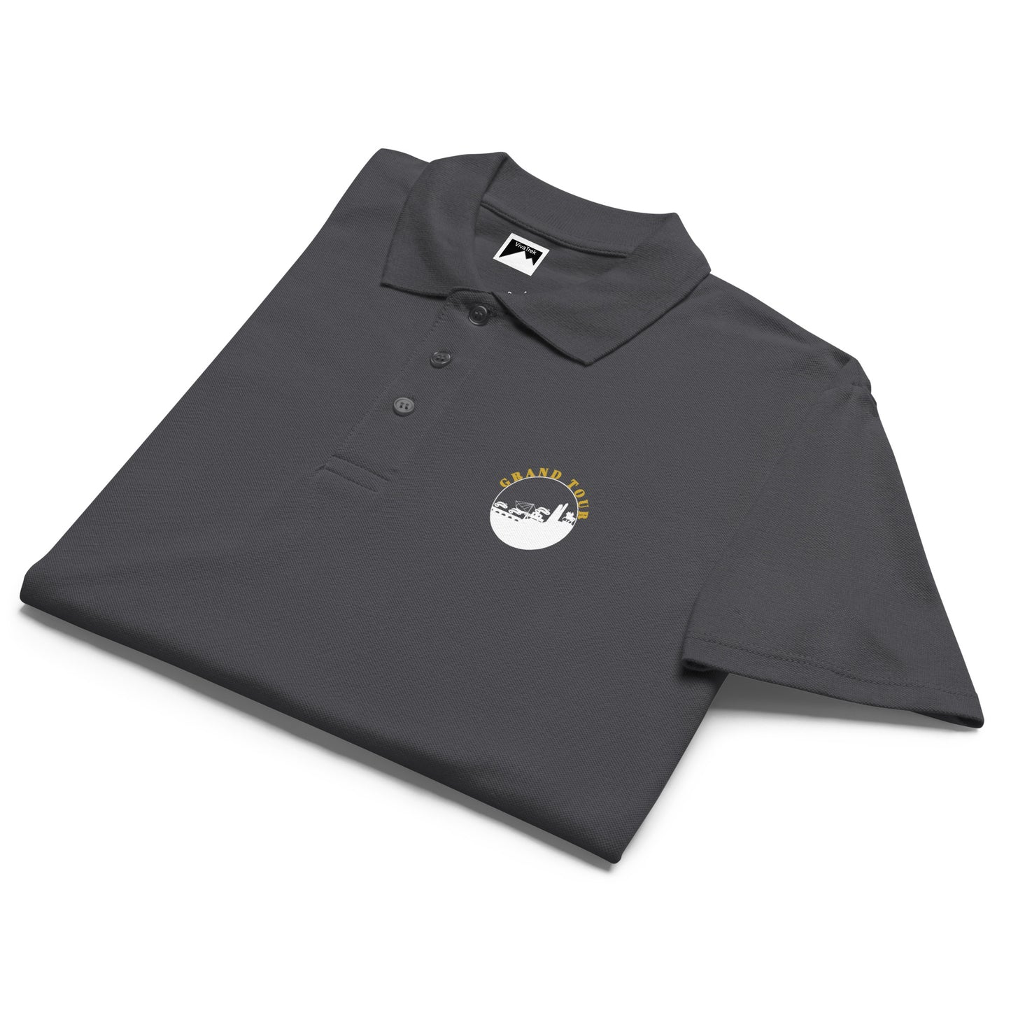VivaTrek Cyclists Grand Tour Polo Shirt in dark gray with button-up collar and small printed logo