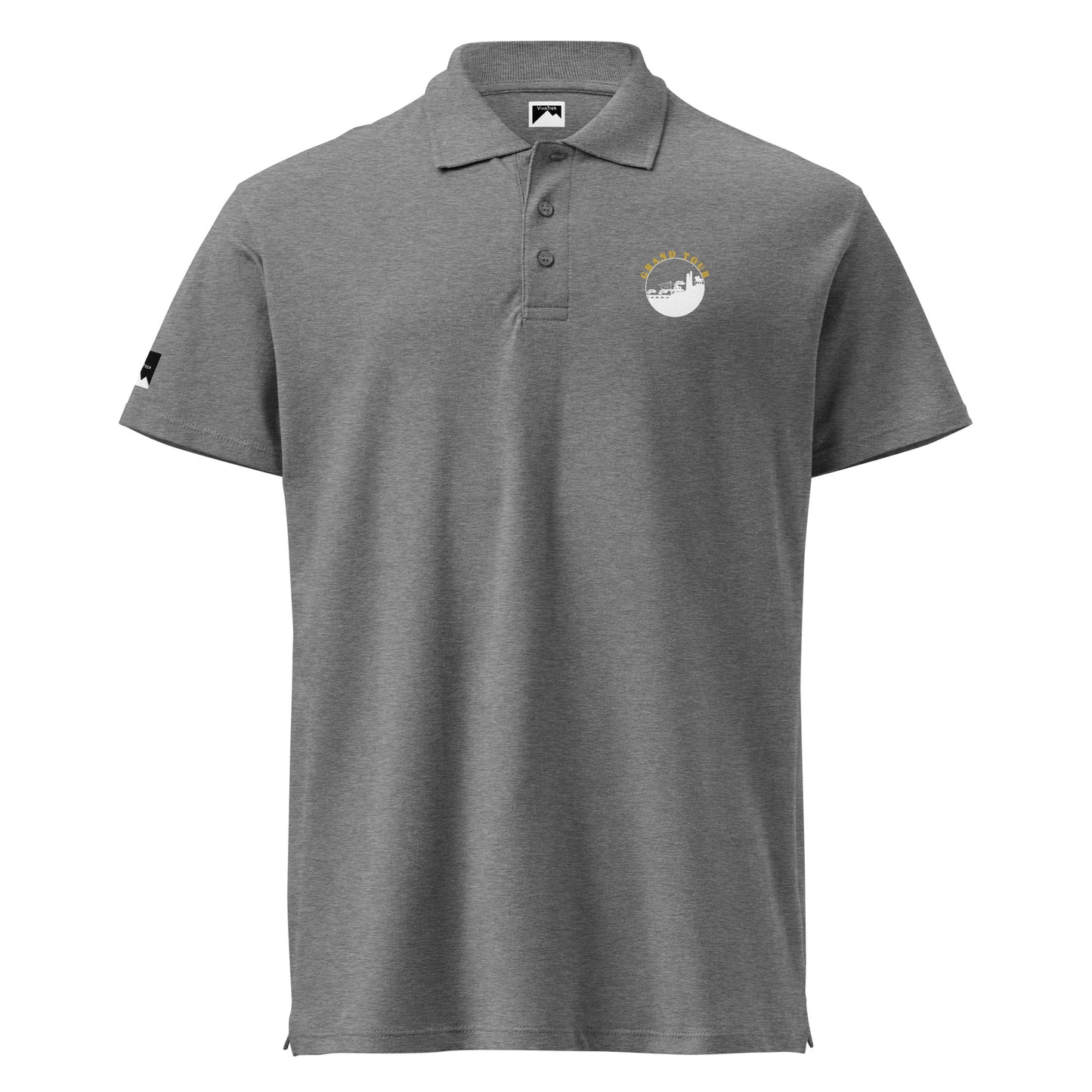 VivaTrek gray Cyclists Grand Tour Polo Shirt with button collar and small yellow logo on chest