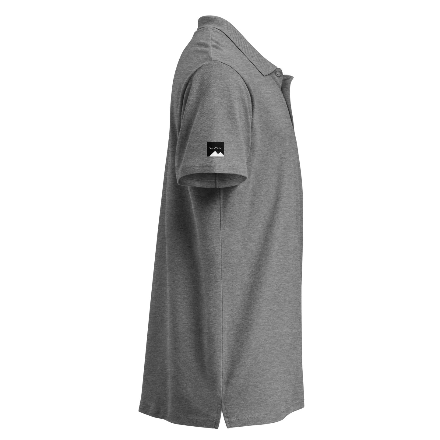 VivaTrek gray Cyclists Grand Tour Polo Shirt with short sleeves and collar shown from side view
