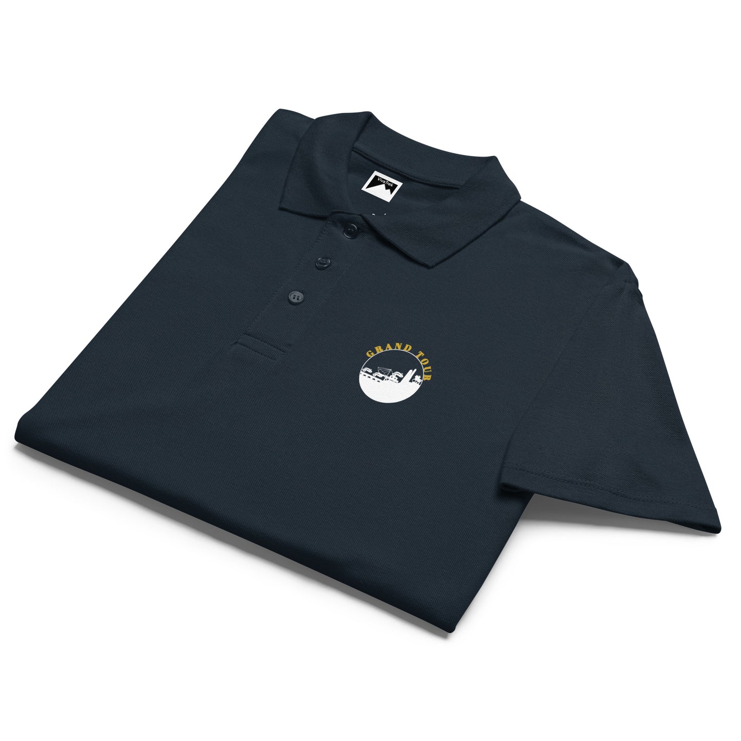 VivaTrek Cyclists Grand Tour Polo Shirt in black with three buttons and logo embroidery