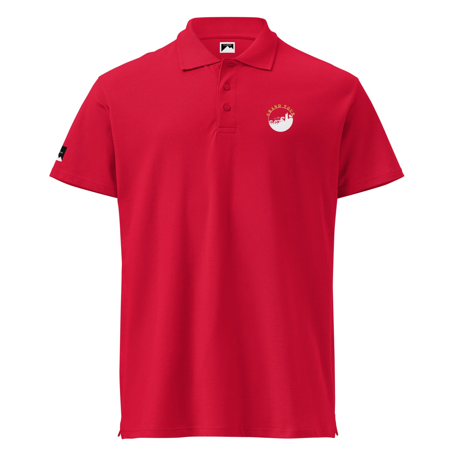 VivaTrek red Cyclists Grand Tour Polo Shirt with buttoned collar and small logo on chest