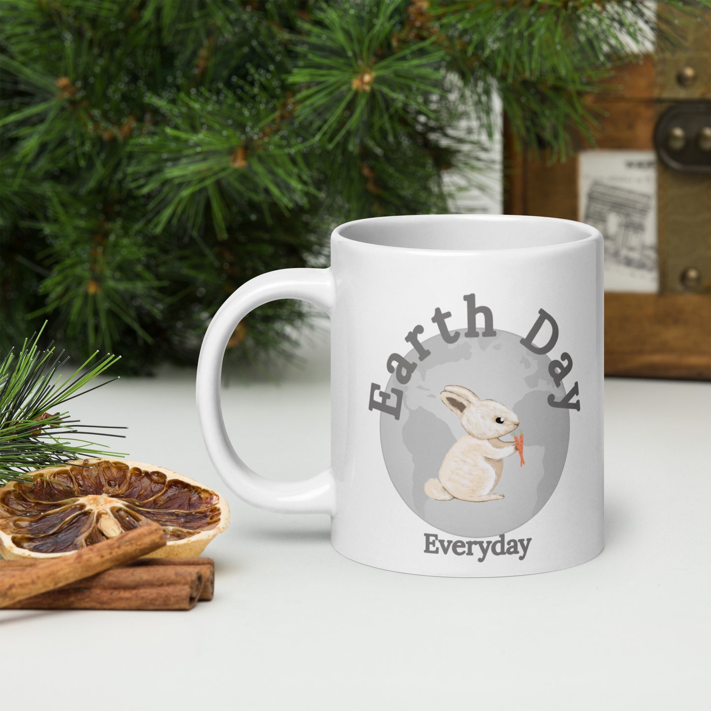 White ceramic Earth Day Everyday Rabbit Ceramic Mug with bunny and carrot design