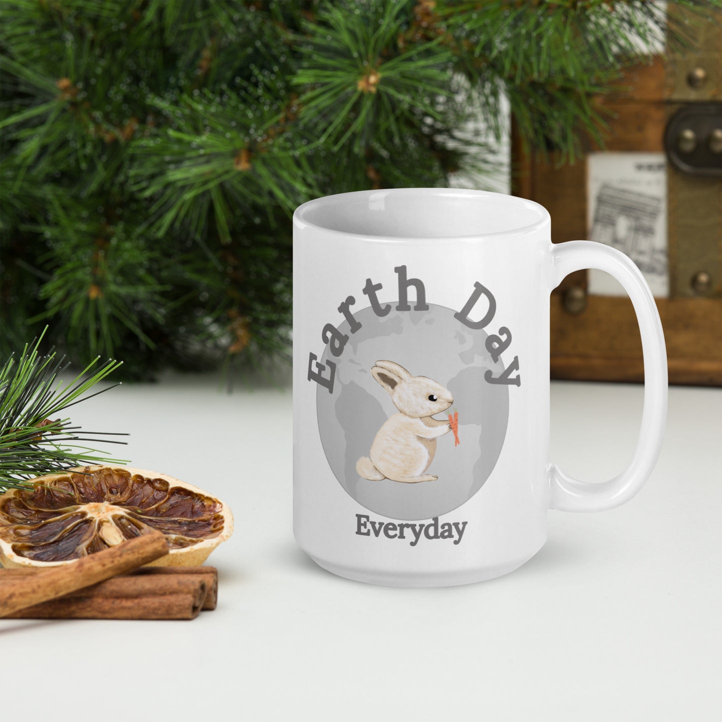 Earth Day Everyday Rabbit Ceramic Mug with bunny holding carrot and Earth design by VivaTrek