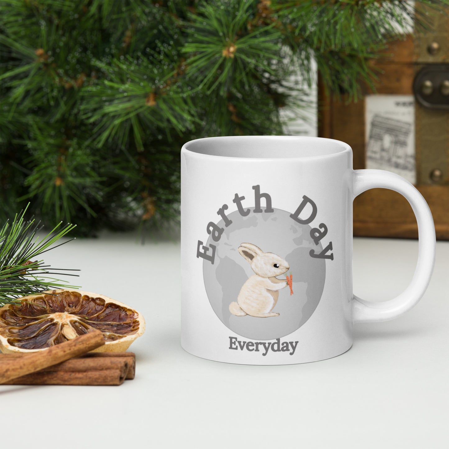 VivaTrek Earth Day Everyday Rabbit Ceramic Mug with white background and festive natural decoration