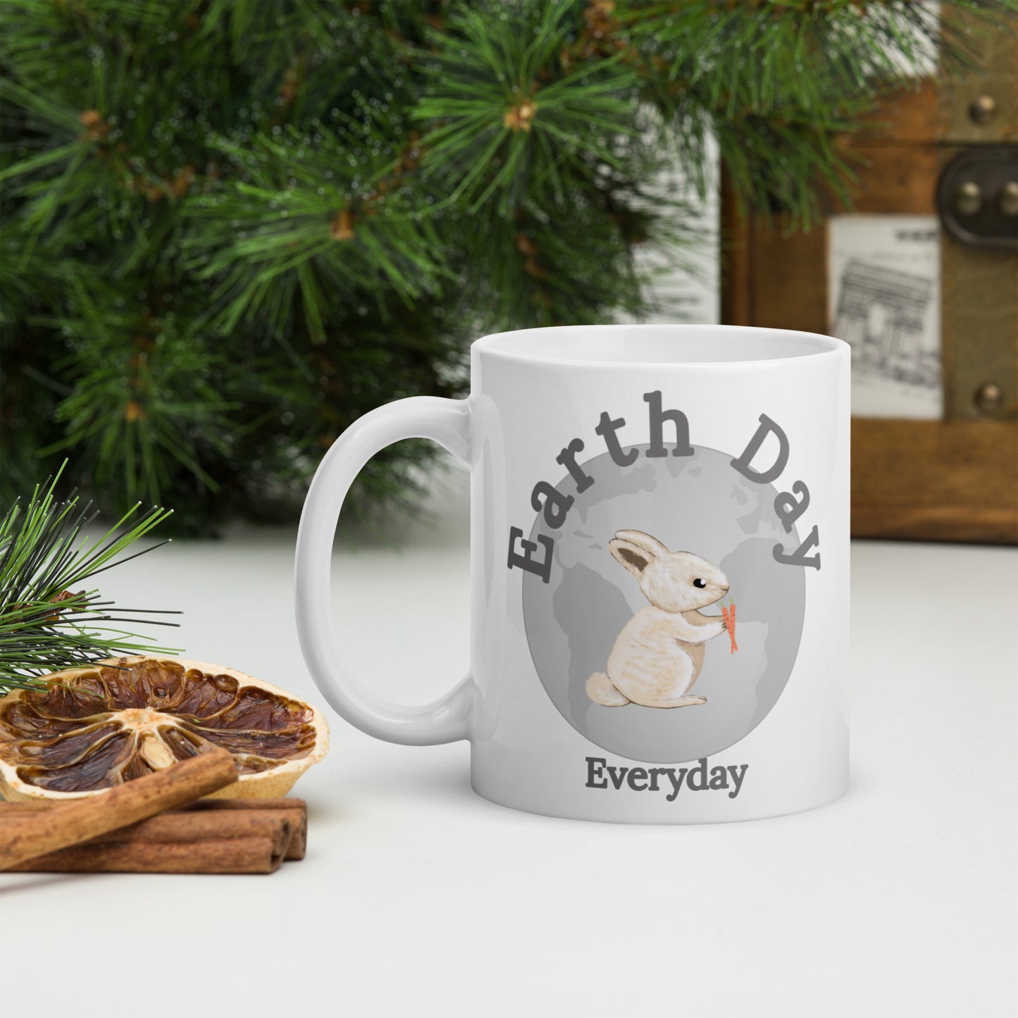 Earth Day Everyday Rabbit Ceramic Mug with bunny design on white ceramic cup by VivaTrek