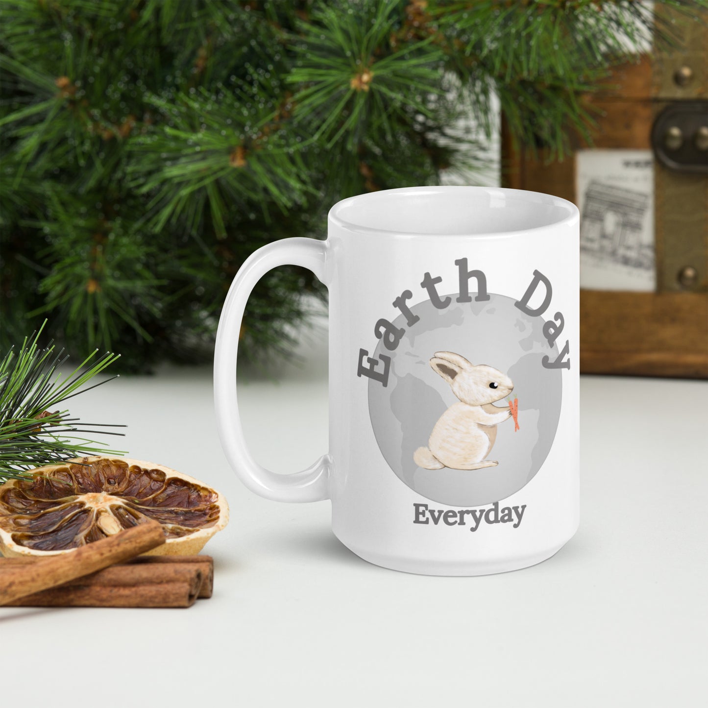 White Earth Day Everyday Rabbit Ceramic Mug with bunny and carrot design by VivaTrek