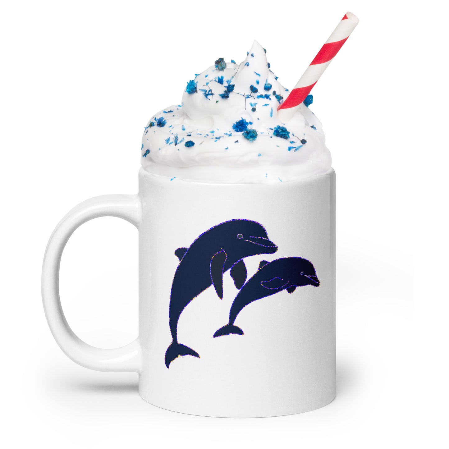 White Dolphins Ceramic Mug by VivaTrek featuring two blue dolphins with whipped cream and blue sprinkles on top