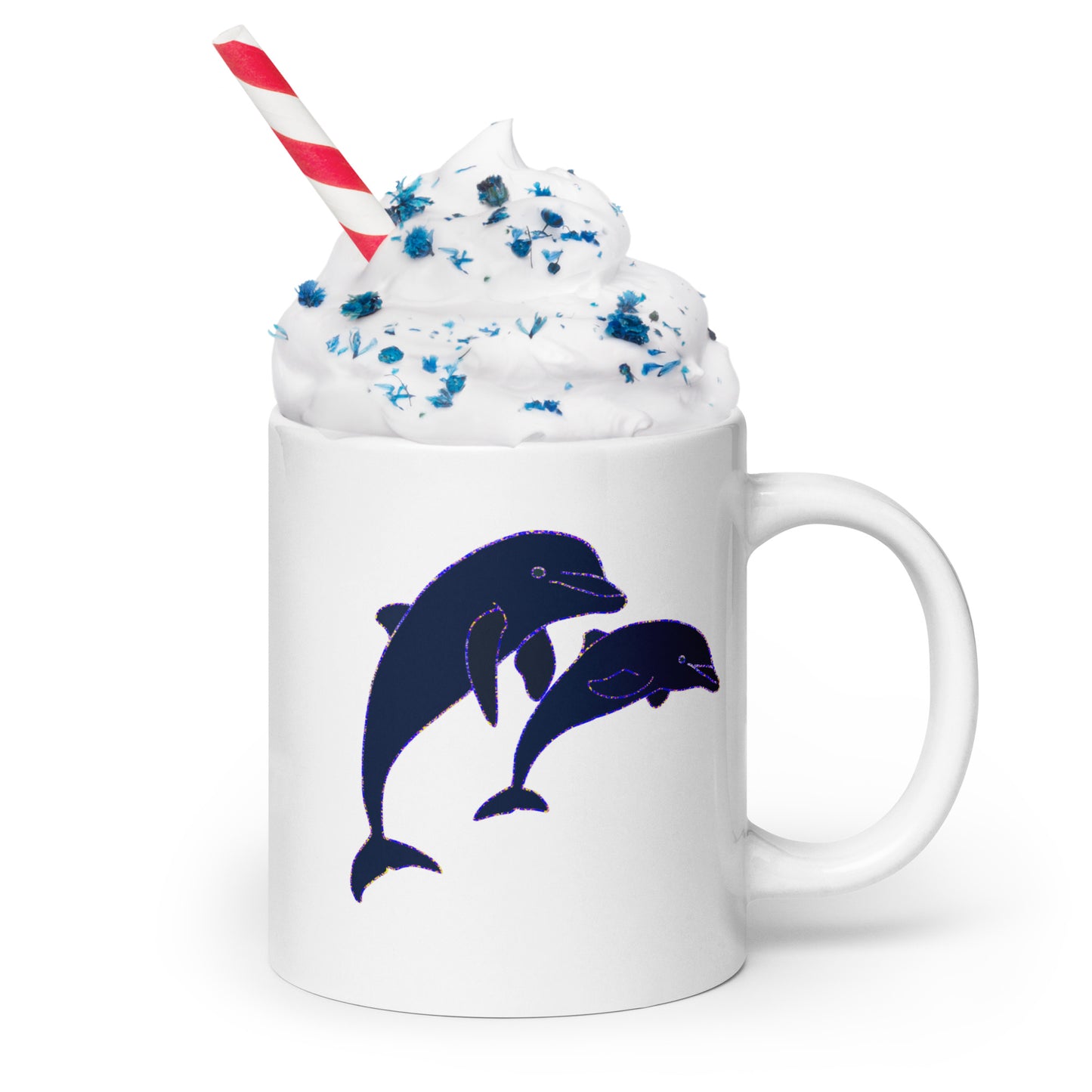 White Dolphins Ceramic Mug by VivaTrek featuring two blue dolphins design with whipped cream and striped straw