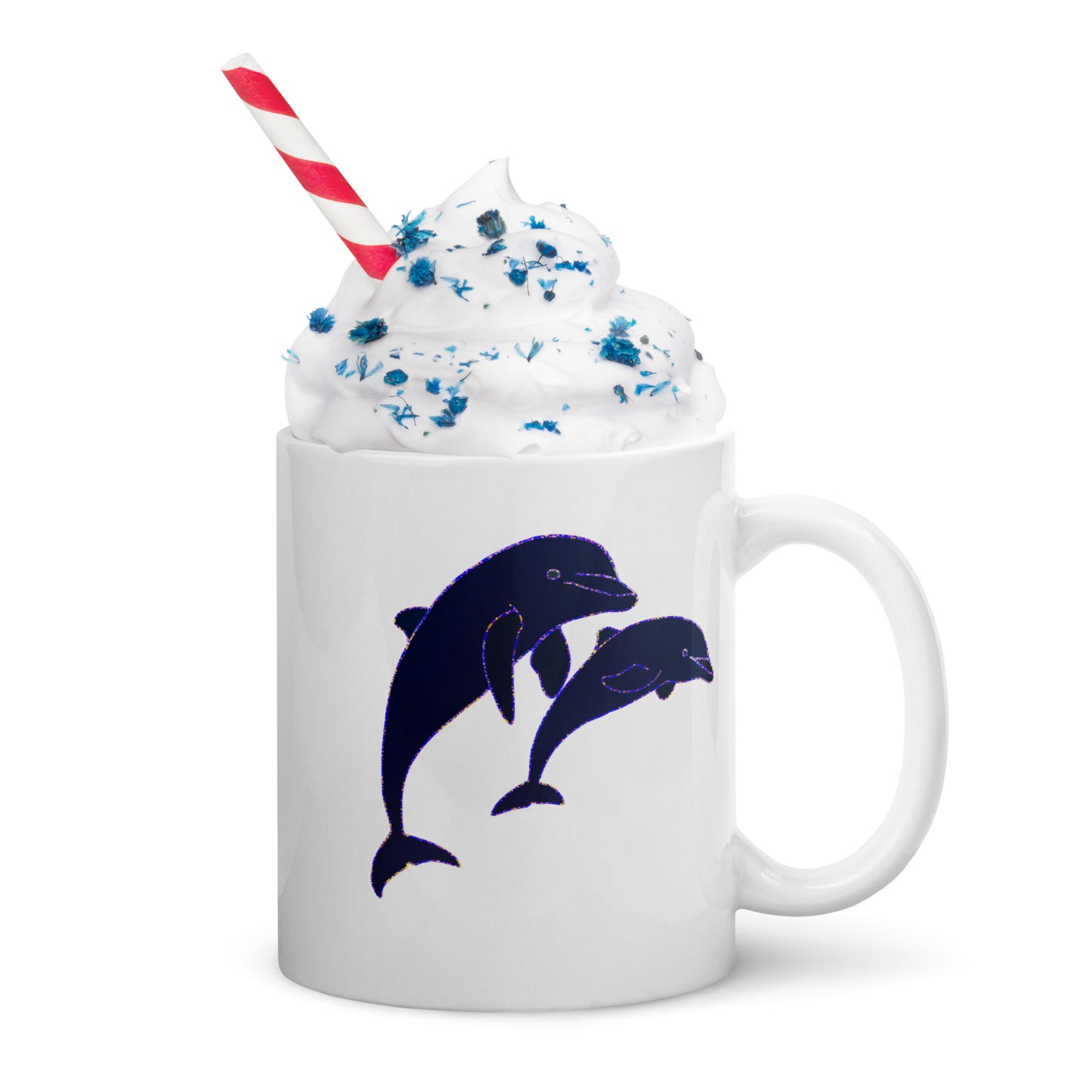 White Dolphins Ceramic Mug with two dolphin illustrations filled with whipped cream and blue sprinkles