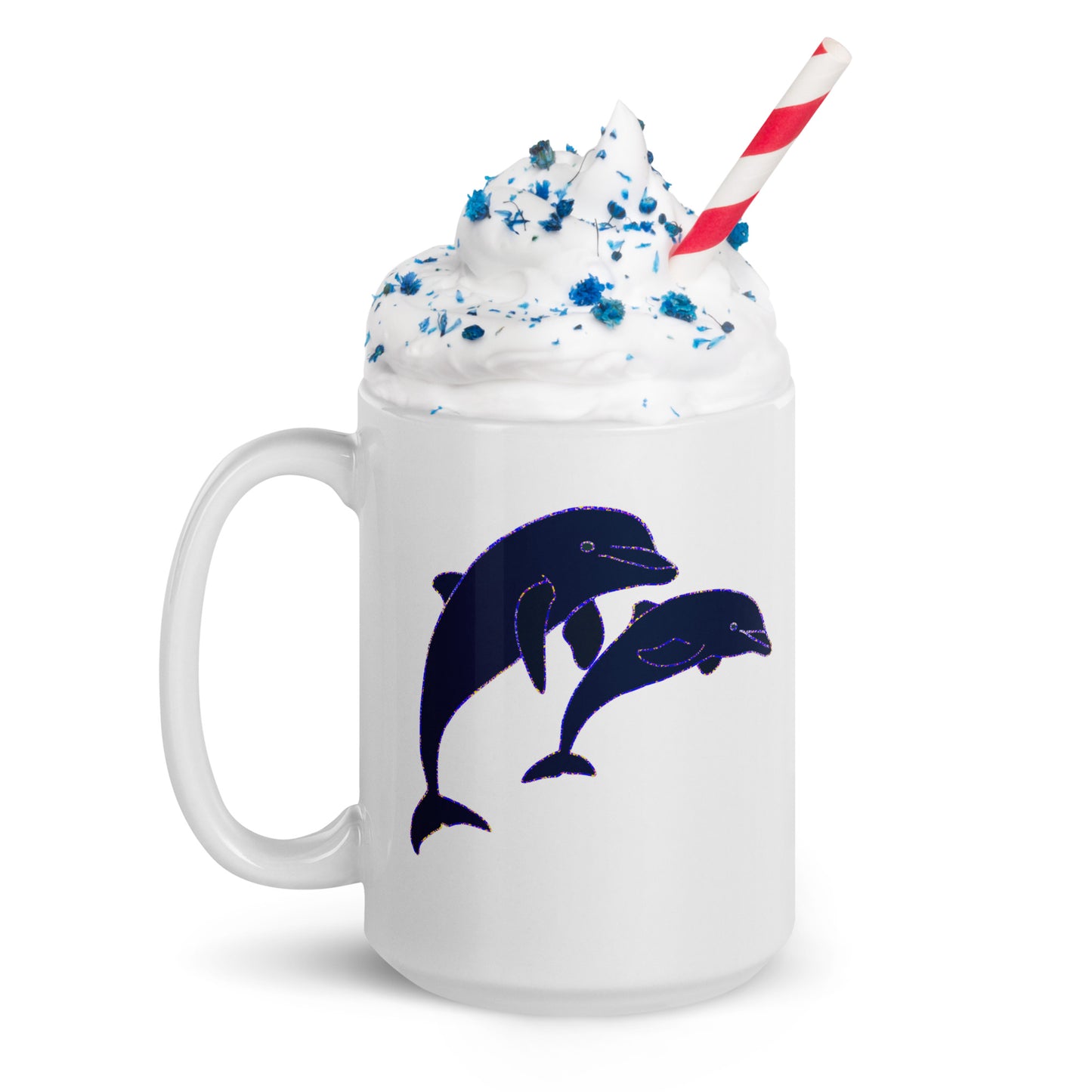 White Dolphins Ceramic Mug with blue dolphin design filled with whipped cream and blue sprinkles