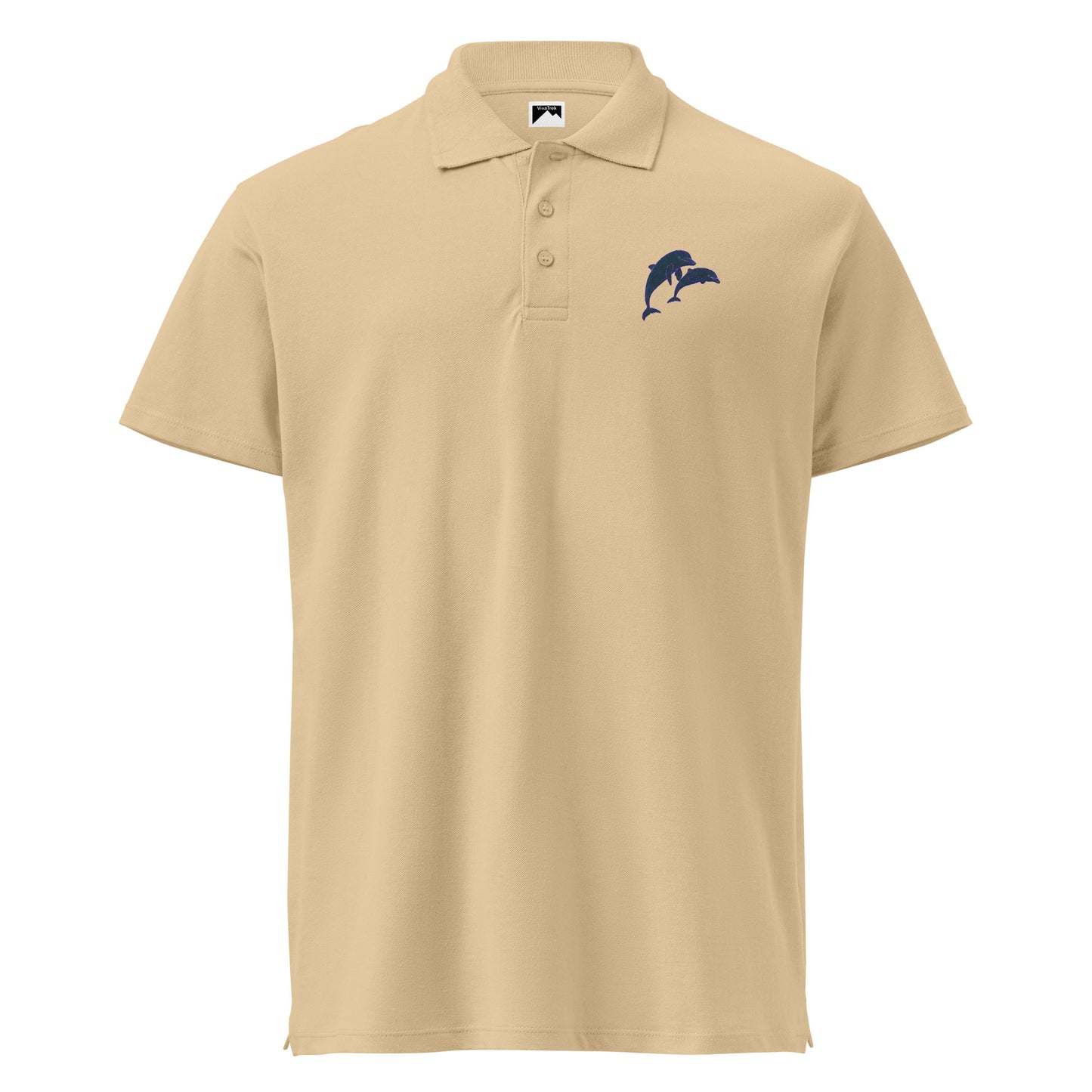 Beige Dolphins Polo Shirt Mens Smart Casual Polo Shirt for marine life fans with dolphin logo on chest