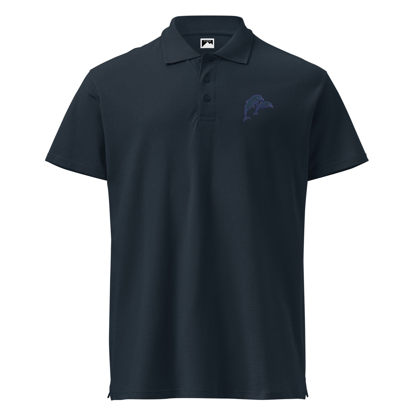 VivaTrek Dolphins Polo Shirt Mens Smart Casual Polo Shirt for marine life fans in navy blue with dolphin embroidery