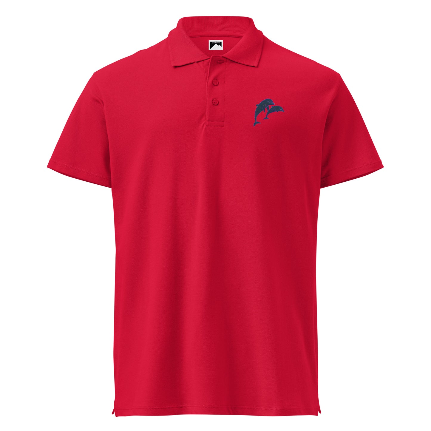 VivaTrek Dolphins Polo Shirt Mens Smart Casual Polo Shirt for marine life fans in red with dolphin logo