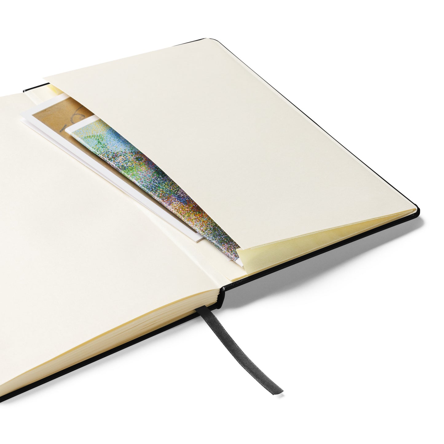 Open Earth Day Everyday Rabbit Hardcover Bound Notebook showing blank pages and inner pocket with a ribbon bookmark