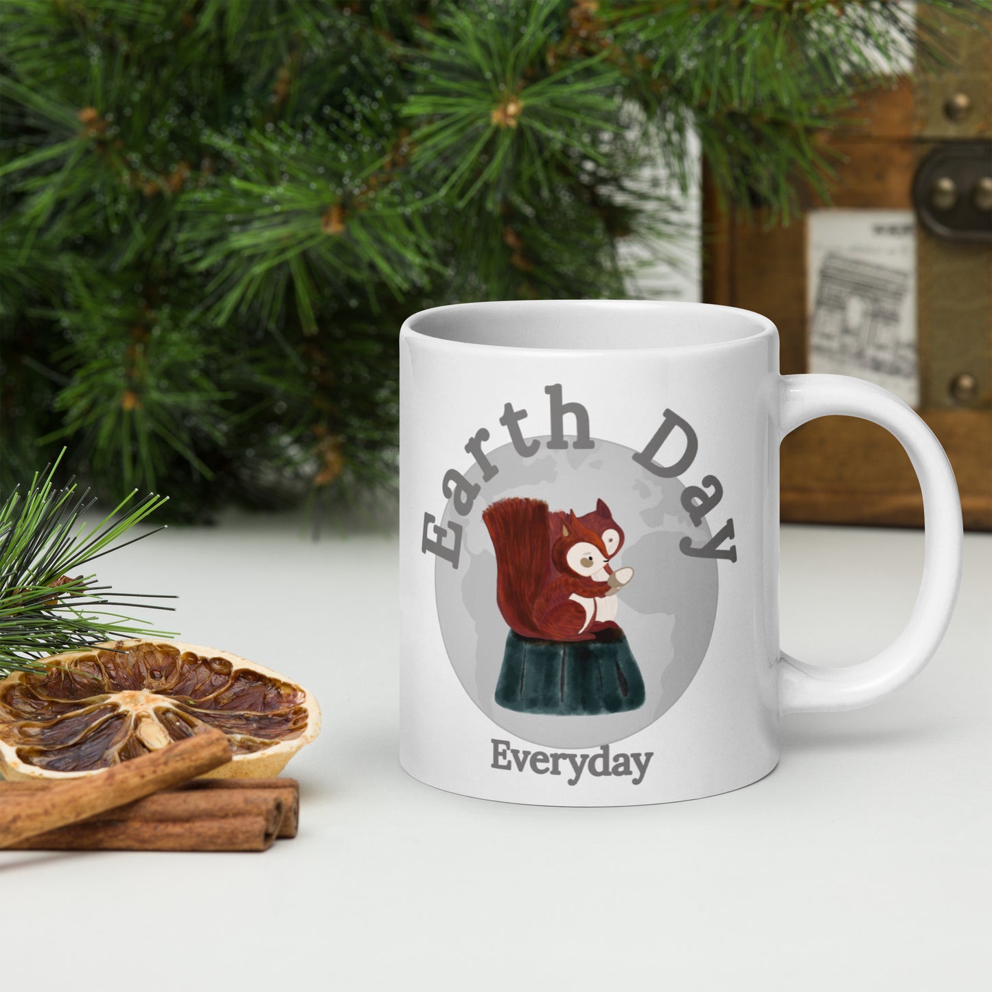 Earth Day Everyday Squirrels Ceramic Mug with squirrel illustration and eco-friendly theme