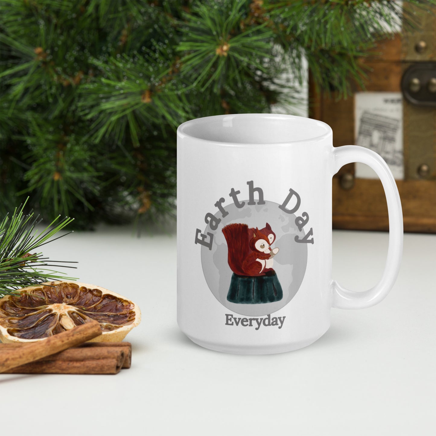 Earth Day Everyday Squirrels Ceramic Mug with squirrel illustration on white ceramic mug by VivaTrek
