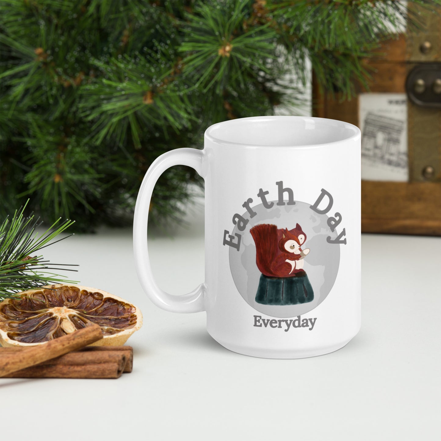 Earth Day Everyday Squirrels Ceramic Mug with squirrel illustration on white ceramic cup