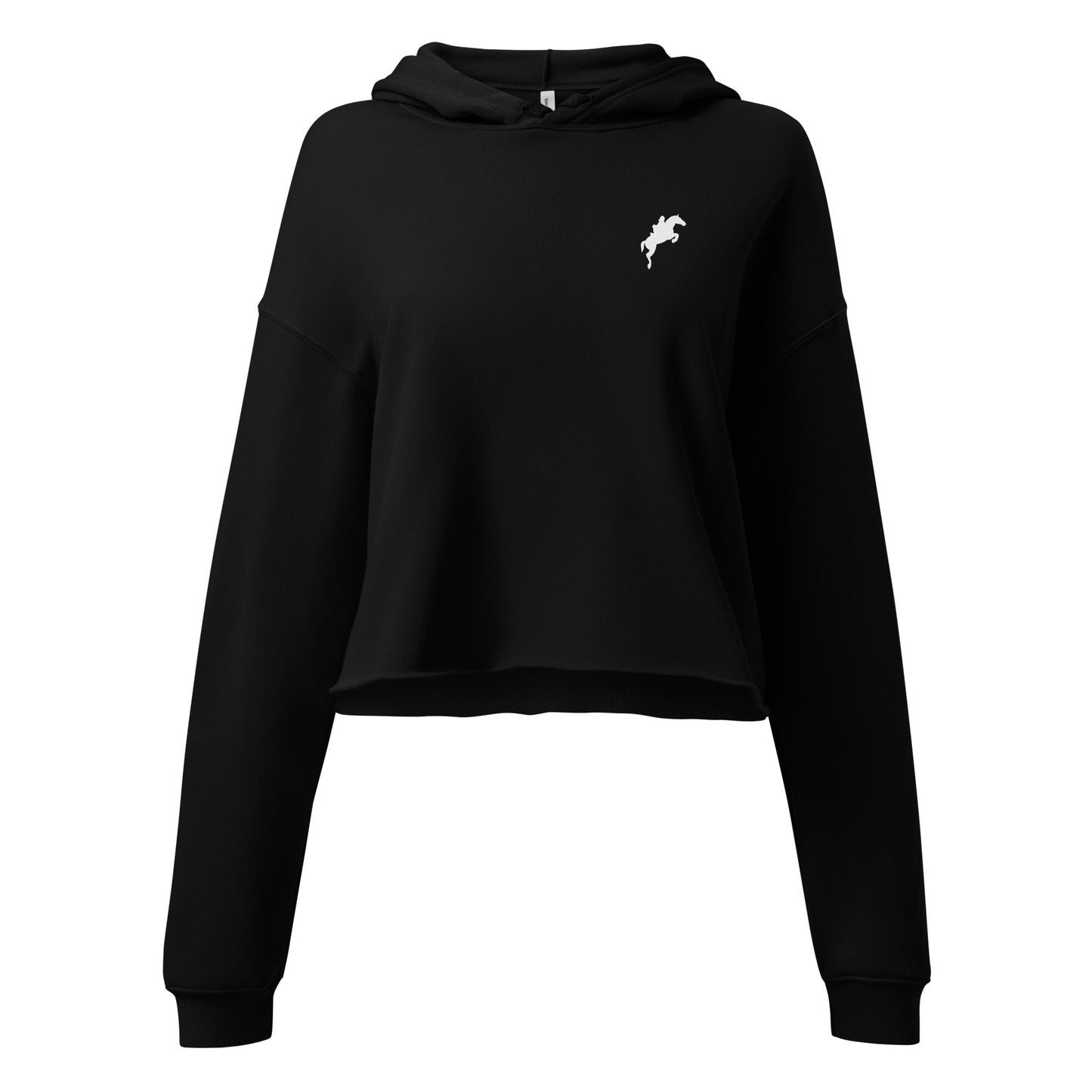 Equestrian Cropped Hoodie Womens Fleece Hoodie for horse riding fans in black with small horse logo