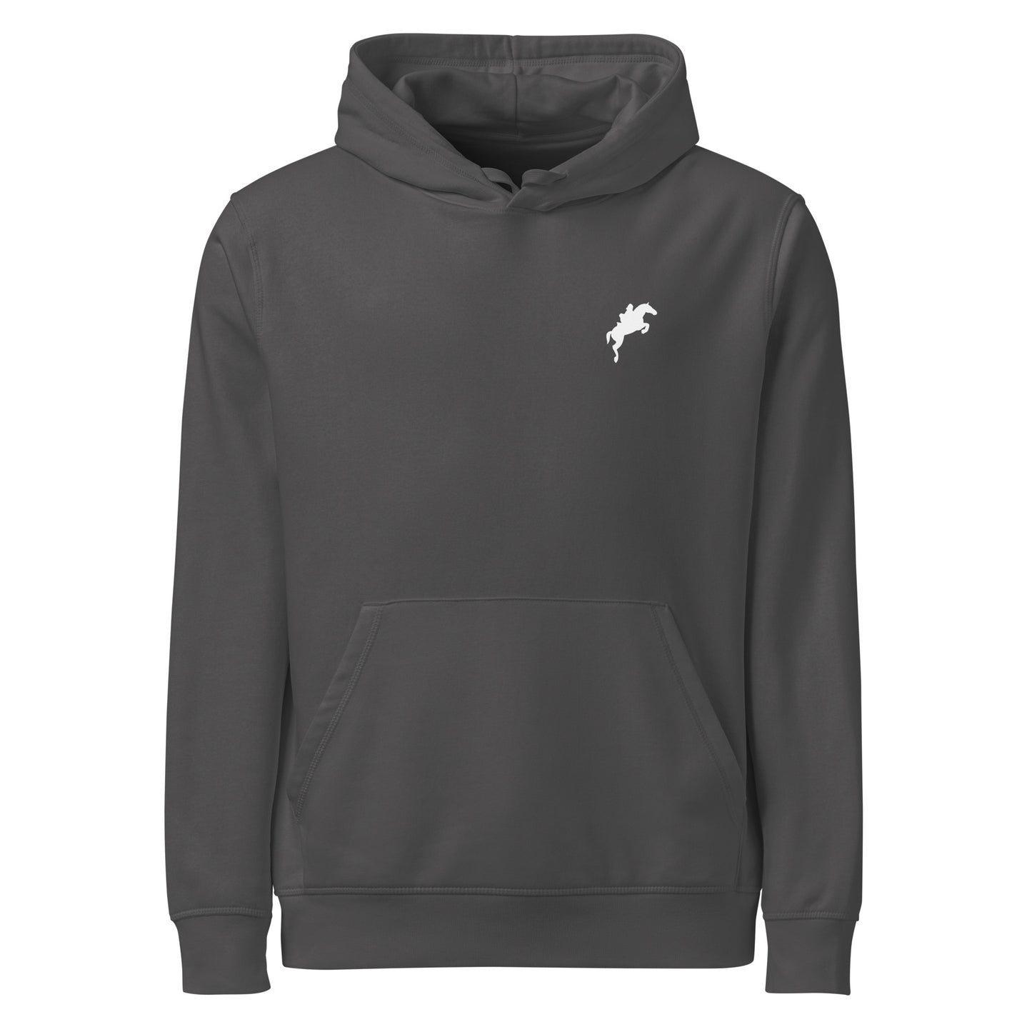 Equestrian Eco-Friendly Organic Hoodie for horse riders and fans in dark gray with white horse logo