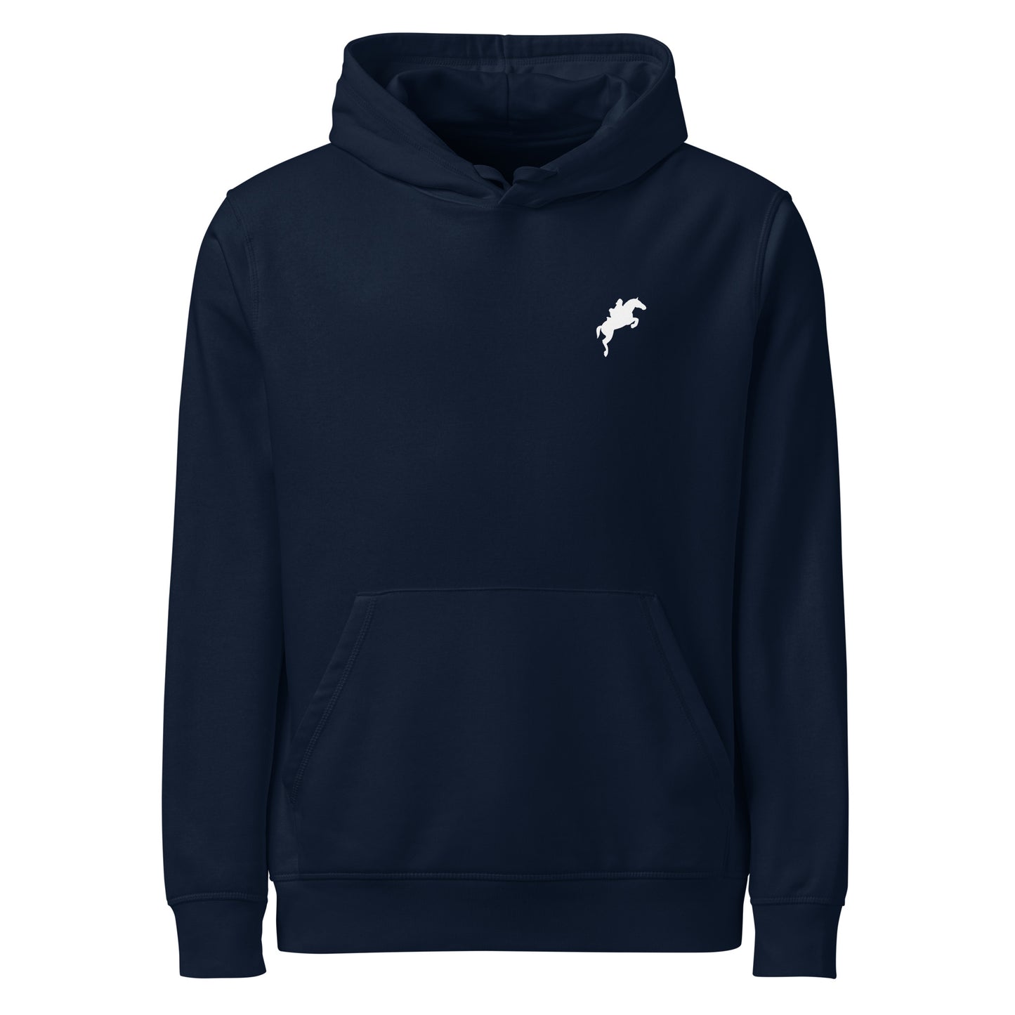 Equestrian Eco-Friendly Organic Hoodie for horse riders and fans in navy blue with small horse logo