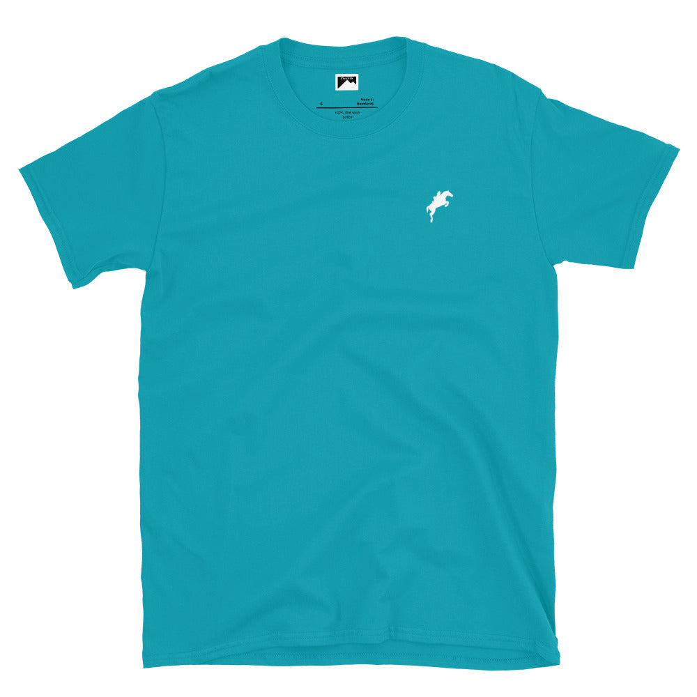 VivaTrek teal Equestrian Graphic T-Shirt for horse riding and ascot fans with small white horse logo