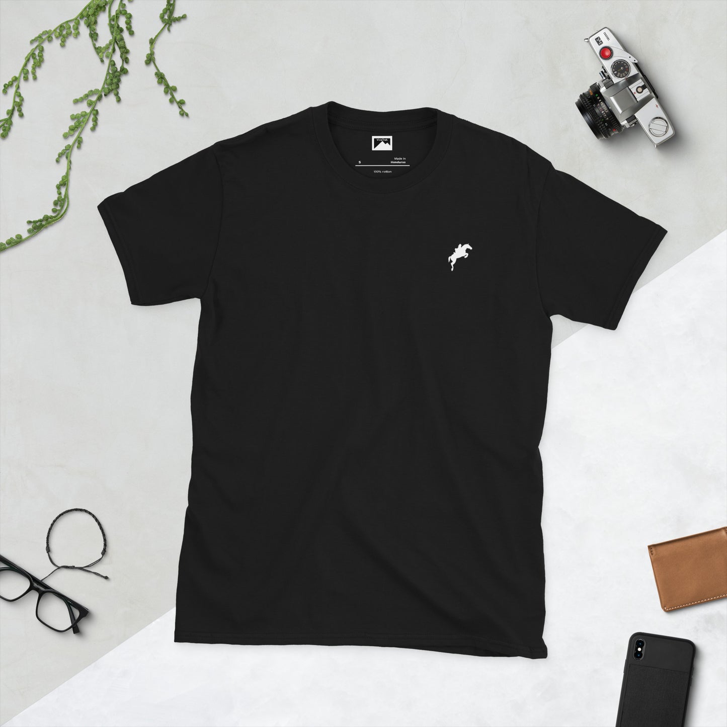 VivaTrek black Equestrian Graphic T-Shirt for horse riding and ascot fans with small white horse design