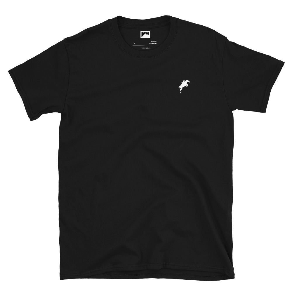 Black Equestrian Graphic T-Shirt for horse riding and ascot fans with small white horse logo on chest