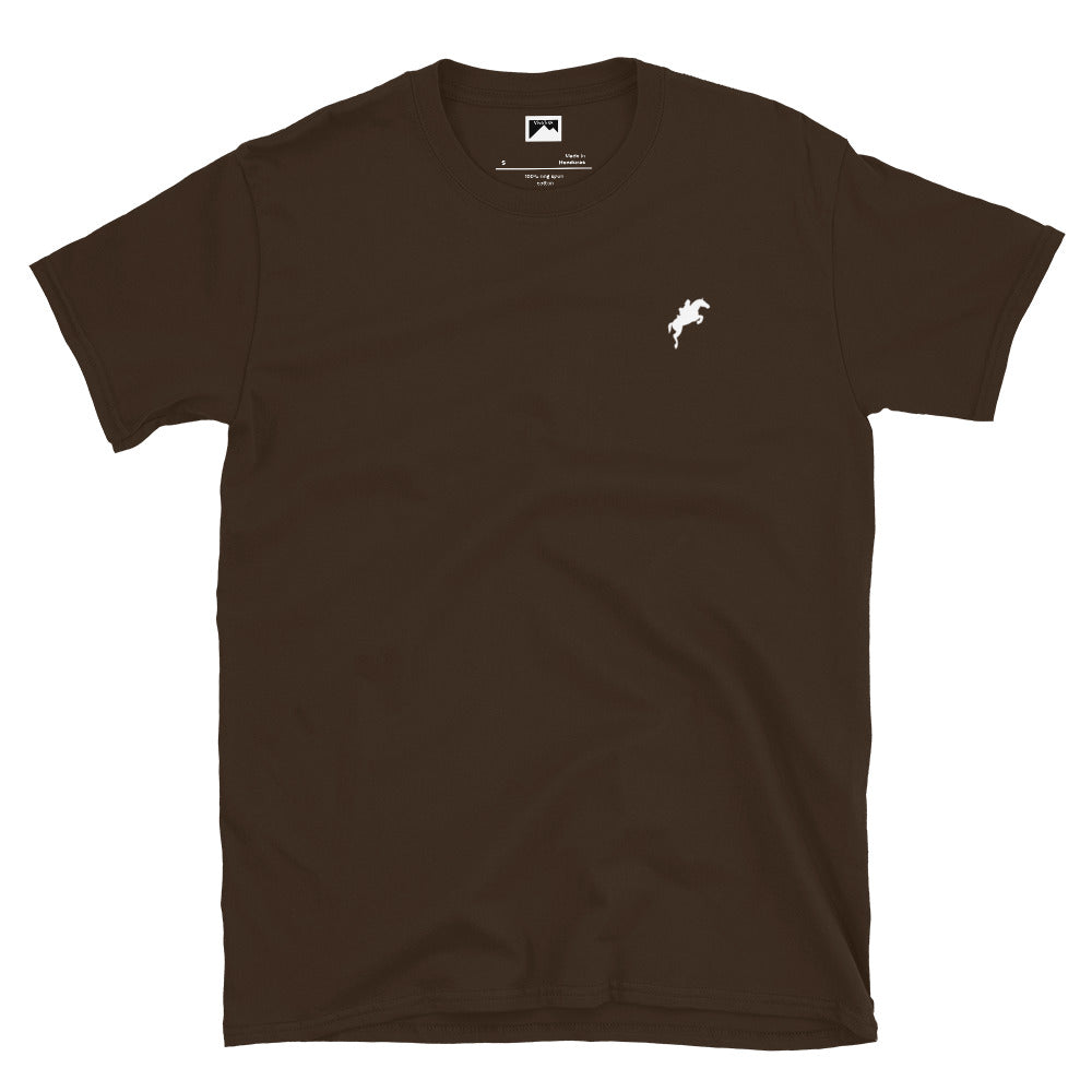 Brown VivaTrek Equestrian Graphic T-Shirt for horse riding and ascot fans with small white horse logo