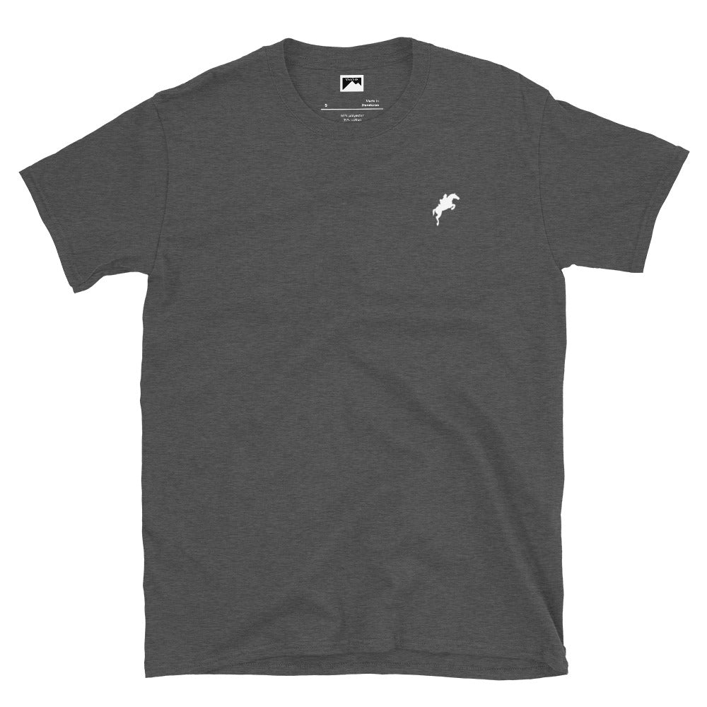 Dark gray VivaTrek Equestrian Graphic T-Shirt for horse riding and ascot fans with small white horse logo