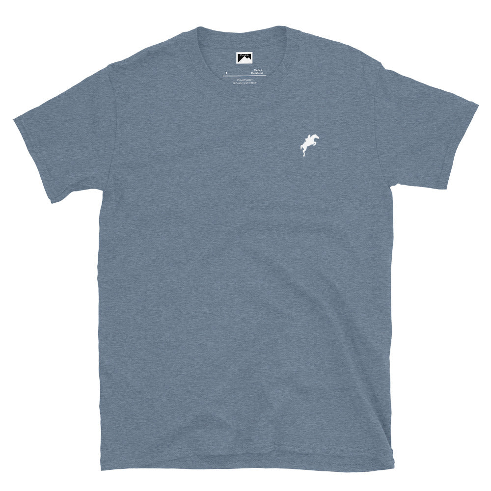 Blue Equestrian Graphic T-Shirt for horse riding and ascot fans with small white horse logo on chest