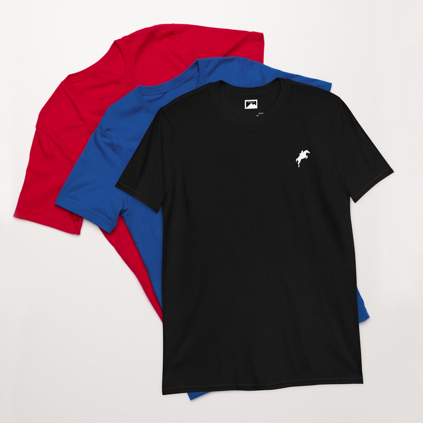 VivaTrek Equestrian Graphic T-Shirt for horse riding and ascot fans in black blue and red colors