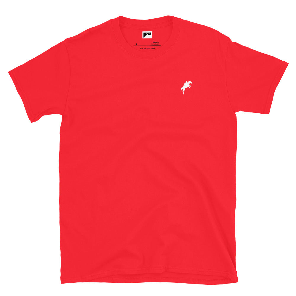 Red VivaTrek Equestrian Graphic T-Shirt for horse riding and ascot fans with horse rider design