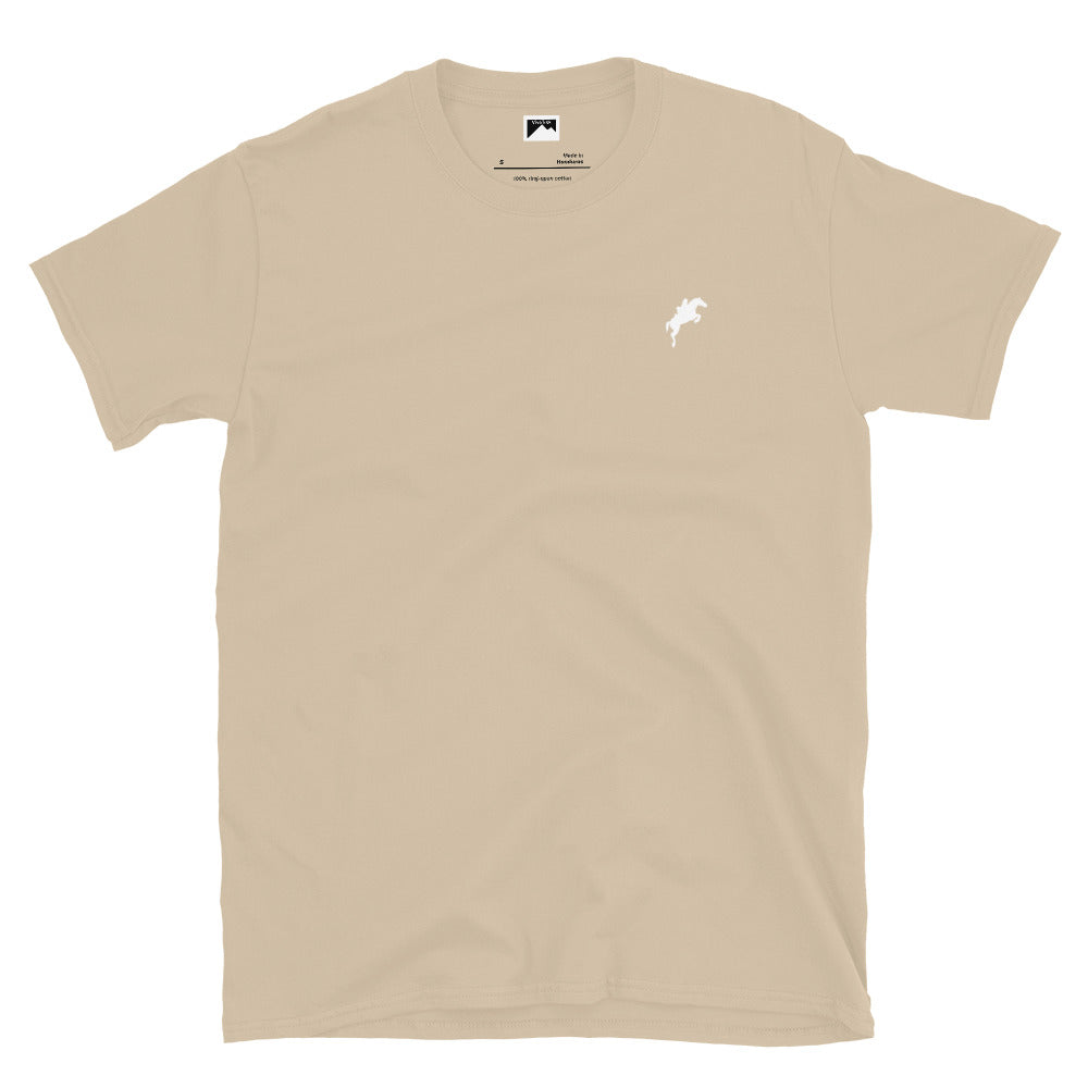 Beige VivaTrek Equestrian Graphic T-Shirt for horse riding and ascot fans with small white horse logo