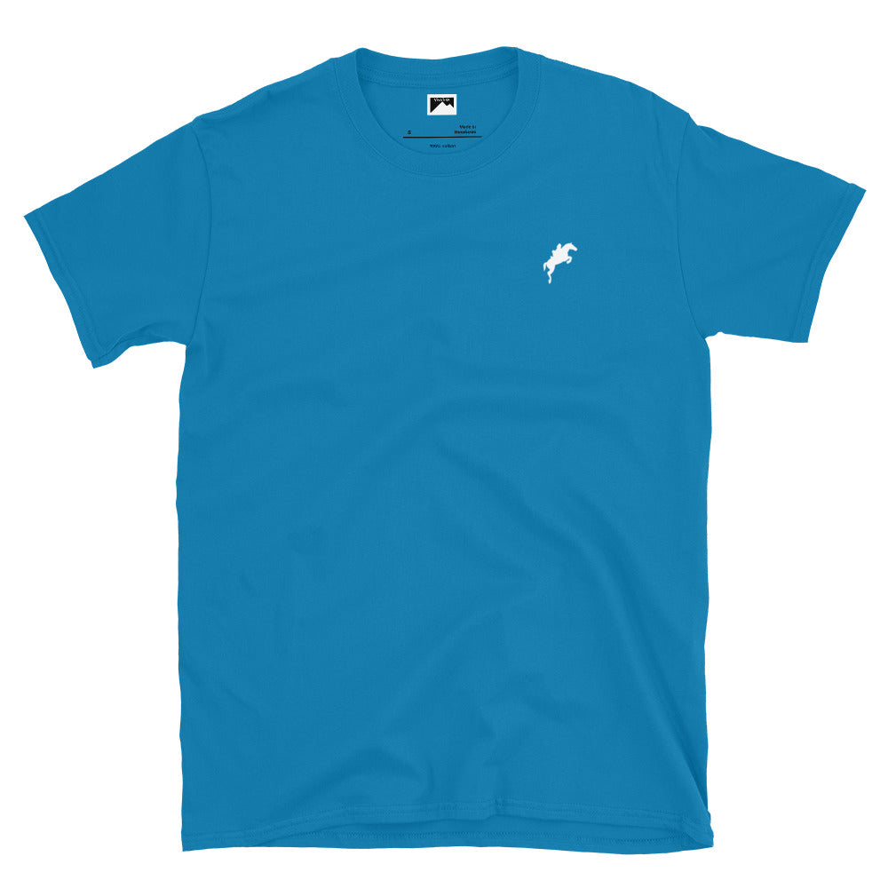 Blue VivaTrek Equestrian Graphic T-Shirt for horse riding and ascot fans with a small horse logo