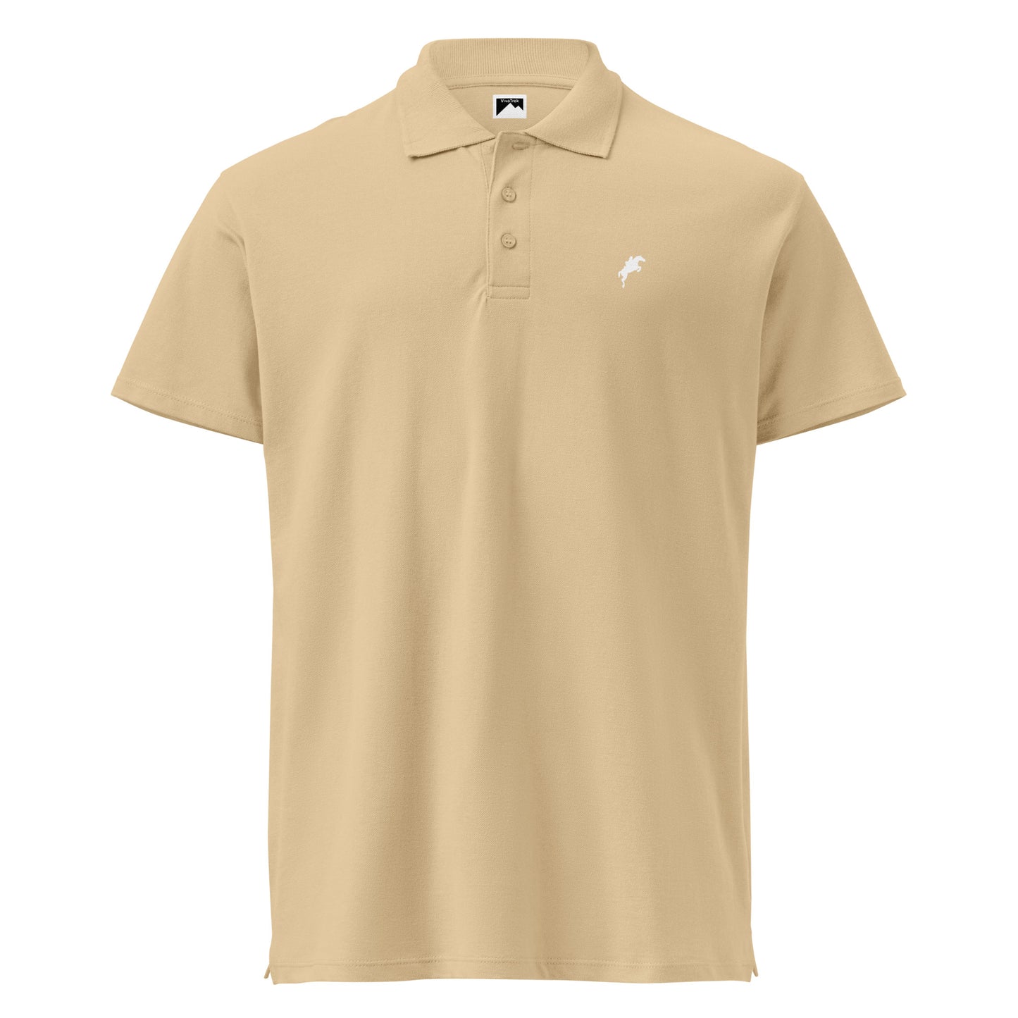 Beige VivaTrek Equestrian Logo Polo Shirt for horse riding fans with small white horse logo